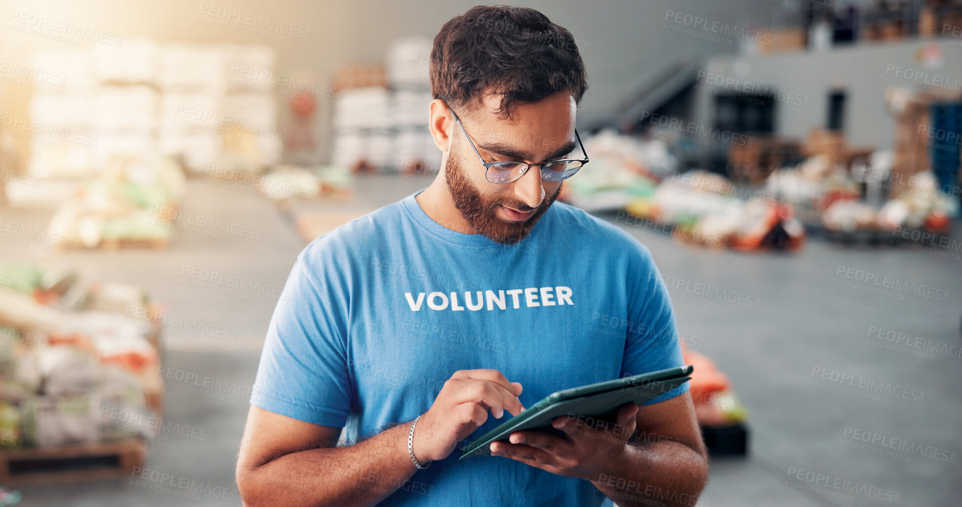 Buy stock photo Volunteer, donation and scroll with man and tablet for non profit, inventory checklist and humanity project. Charity, social responsibility and food bank program with person and tech for ngo plan