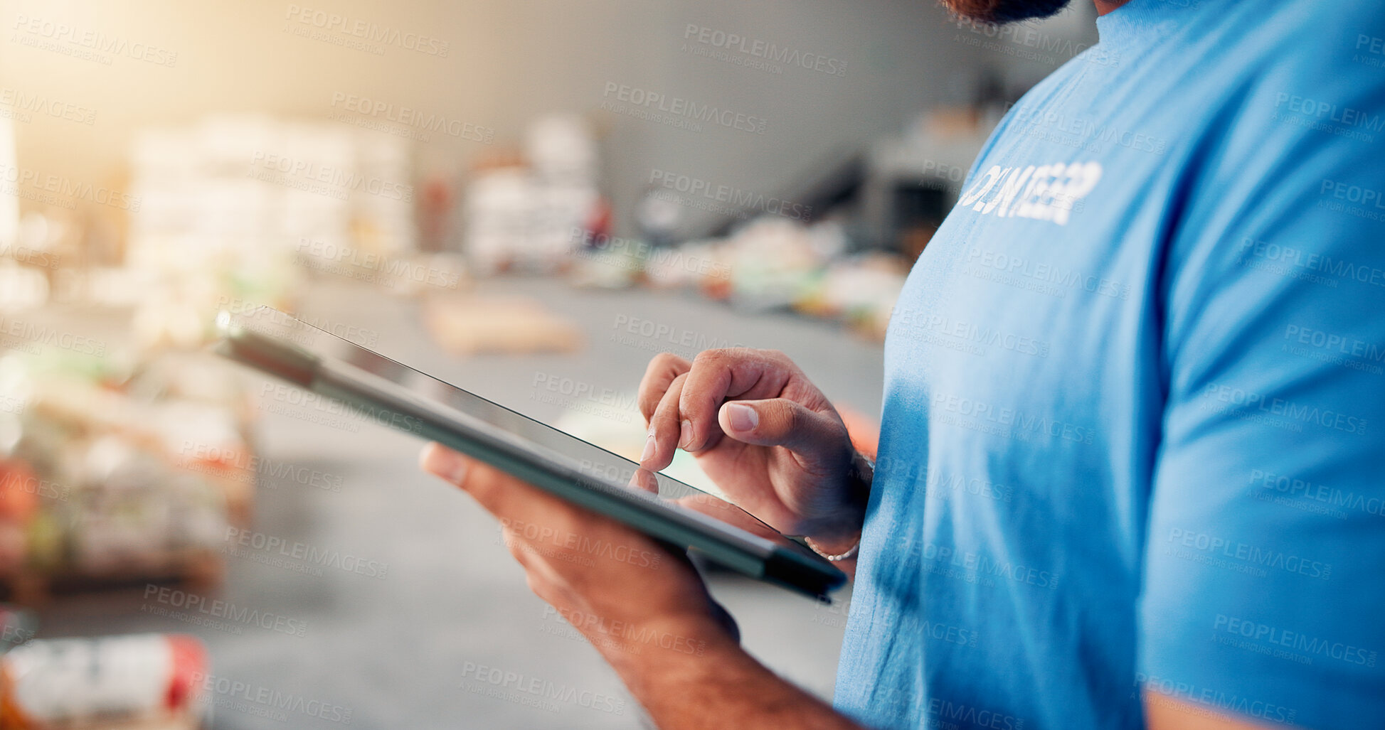 Buy stock photo Volunteer, donation and hands with man and tablet for non profit, inventory checklist and humanity project. Charity, social responsibility and food bank program with closeup of person and tech