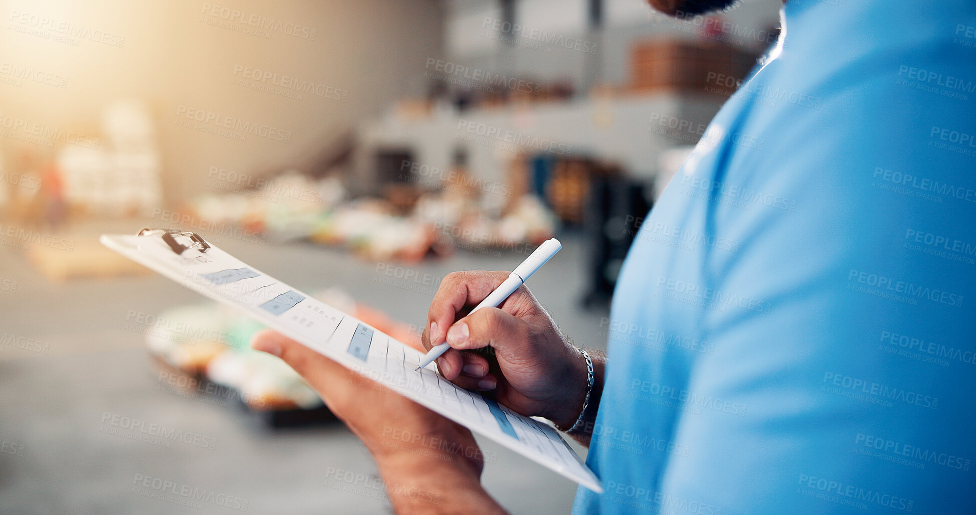 Buy stock photo Clipboard, man and hands of volunteer writing for charity, non profit or donation stock list in community center. Inspection, notes and male NGO worker with inventory for food drive with information.