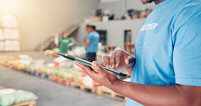 Buy stock photo Volunteer, ngo and tablet with hands of man in warehouse for non profit, inventory checklist and distribution. Charity, social responsibility and food bank program with closeup of person for donation