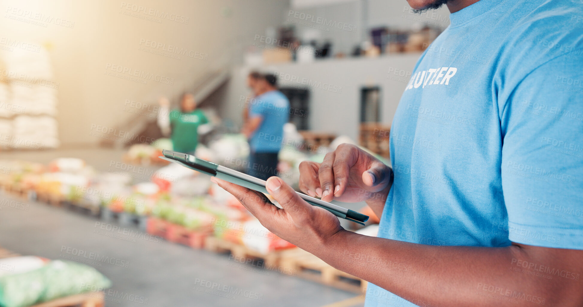 Buy stock photo Volunteer, ngo and tablet with hands of man in warehouse for non profit, inventory checklist and distribution. Charity, social responsibility and food bank program with closeup of person for donation