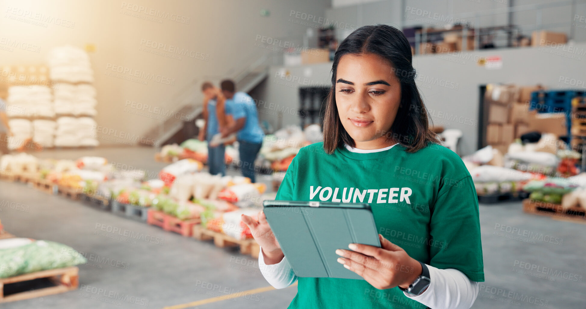 Buy stock photo Volunteer, donation and reading with woman in tablet for non profit, inventory checklist and humanity project. Charity, social responsibility and food bank program with person in factory for ngo plan