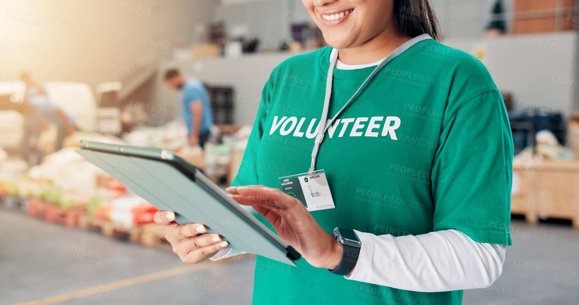 Buy stock photo Volunteer, charity and tablet with hands of woman in warehouse for non profit, inventory list and distribution. Ngo, social responsibility and food bank program with closeup of person for donation