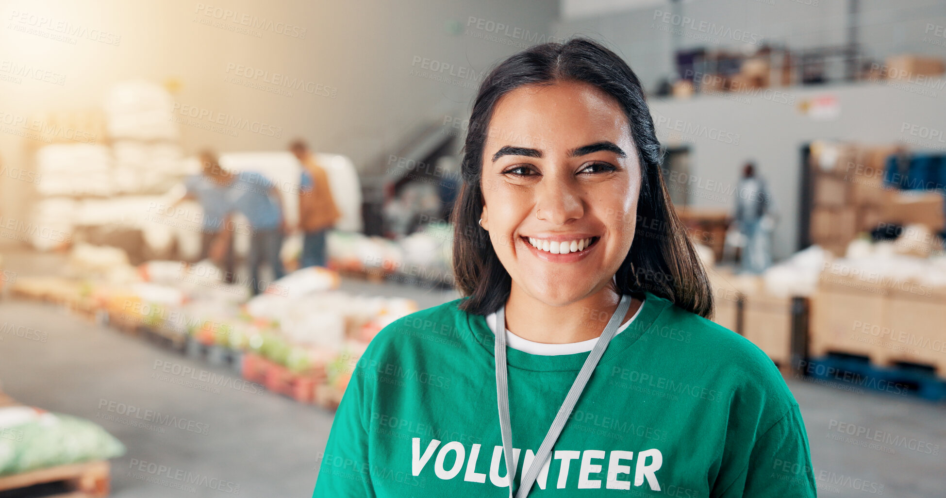 Buy stock photo Smile, woman and portrait of volunteer at food drive for charity, donation or non profit event. Confident, activism and face of female NGO worker at community center for help in society at workshop.