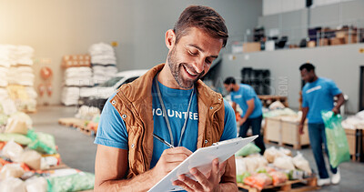 Buy stock photo Volunteer, writing and clipboard with man in warehouse for non profit, inventory checklist and donation project. Charity, social responsibility and food bank program with person in factory for ngo
