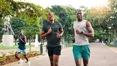 Buy stock photo Fitness, friends and men with routine, running and practice for marathon in morning, training and outdoor. Park, runner and workout for black people in nature, speed and preparation for race or happy