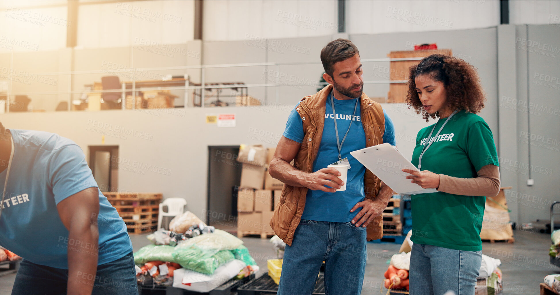 Buy stock photo People, volunteer and talk with clipboard at warehouse for inspection, stock checklist and grocery list. Staff, information and check food with donation aid, distribution services and charity program
