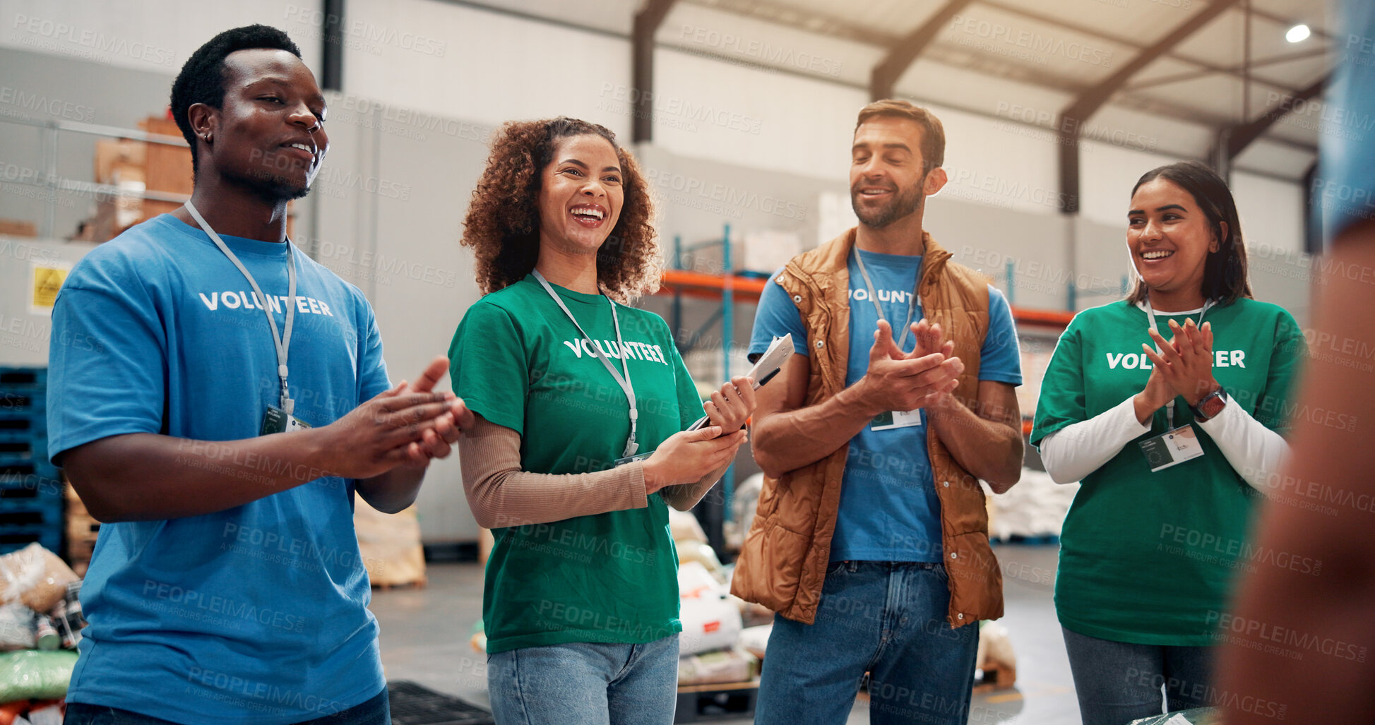 Buy stock photo Volunteer teamwork, people and celebration with applause in warehouse for outreach success and charity target. NGO, social responsibility or group with food drive campaign or distribution achievement