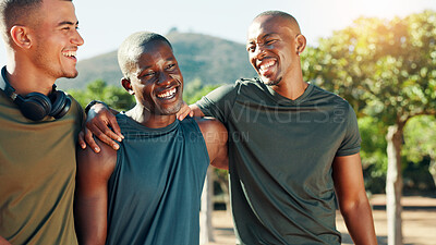 Buy stock photo Fitness, men and happy friends outdoor with hug for support, bonding and exercise together for health. Sports group, athlete and embrace at park for funny joke, laughing and motivation for training