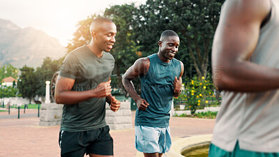 Buy stock photo Running, friends and men in park for fitness, cardio workout and exercise outdoors. Sports, nature and people for performance, endurance and challenge for health, wellness and marathon training
