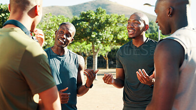 Buy stock photo Fitness, friends and group with discussion, outdoor and planning for exercise in morning, happy or sports. Park, runner team and people with smile for workout, talking and healthy in nature together