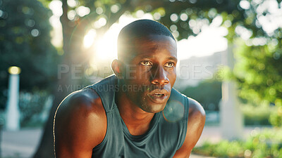 Buy stock photo Exercise, break and black man with fitness in nature for sports, sweat and training for marathon. African athlete, tired and exhausted from workout with breathe, run fatigue and cardio in park