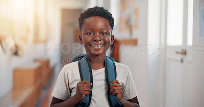 Buy stock photo Smile, backpack and portrait of black child in school for learning, development or growth on campus. Pride, kid and face of African boy student in hallway for education, studying or lesson at academy
