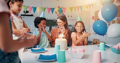 Buy stock photo Birthday, cake and kids with teacher in classroom for group party with candles, hats and decoration. Happy, clapping hands and woman educator with children students for celebration of special event.