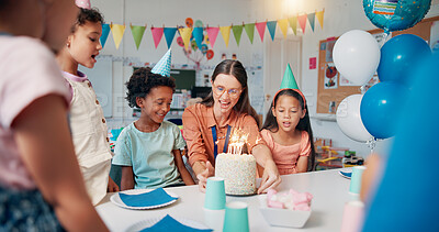 Buy stock photo Kids, teacher and birthday cake for party in classroom with decoration, celebration and social event. Friends, happy people and students at learning academy with surprise and support on special day
