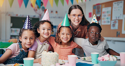Buy stock photo Birthday, portrait and children with teacher in classroom for group party with cake, hats and decoration. Happy, hug and woman educator with kid students for celebration of special event at school.
