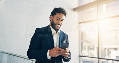 Buy stock photo Business, scroll and man in office, smartphone and smile with connection, investment and profit growth. Person, employee and trader in workplace, cellphone and email with funding approval and app