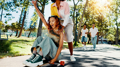 Buy stock photo Fun, skateboarder and friends with smile, freedom and women with skateboard for trip, road and playing. Outdoor, travel and happiness for people on street, fashion or bonding together with streetwear