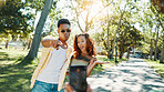 Happy, photography and couple in nature on date for memory, connection or social media post. Excited, outdoor and man with woman for profile picture in park on spring break together in garden.