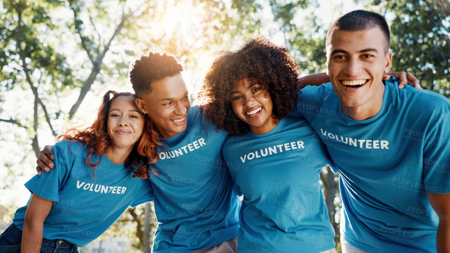 Buy stock photo Volunteer, friends and portrait of people in park for recycle program, hug or social responsibility. Environment, climate change or ngo with group huddle in nature for non profit, cleaning or charity