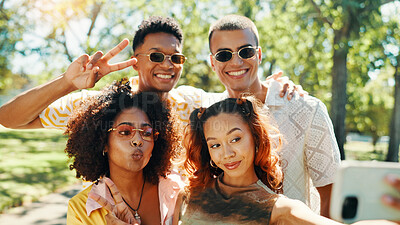 Buy stock photo Selfie, happy people and friends in nature for photograph together for cool fashion, bonding or reunion. Hangout, social media influencer or men with women in park for picture, vacation or holiday