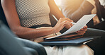Meeting, office and hands of business people with documents for project, feedback and notes in seminar. Corporate, professional and workers with paperwork in workshop, discussion and presentation