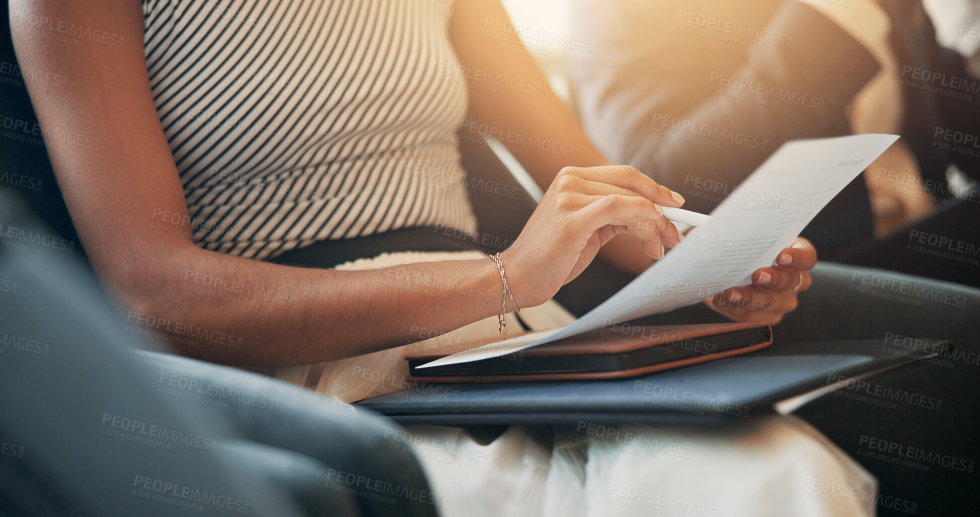 Buy stock photo Meeting, office and hands of business people with documents for project, feedback and notes in seminar. Corporate, professional and workers with paperwork in workshop, discussion and presentation