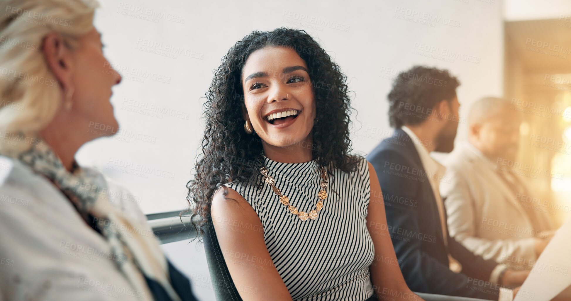 Buy stock photo Business, laughing and women in seminar, group and colleagues in workshop for training or meeting. Conference, information and coworkers with notes for presentation, audience and people in boardroom