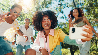 Buy stock photo Hangout, happy or friends in park for selfie together for cool fashion, bonding and reunion. People, social media influencers and men with women in outdoor nature for picture, vacation or holiday