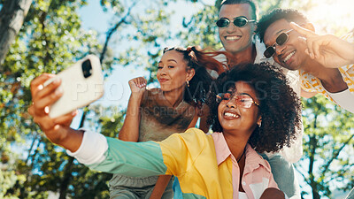 Buy stock photo Fashion, happy people and friends in nature for selfie together for cool style, bonding or reunion. Hangout, social media influencer or men with women in outdoor park for picture, vacation or holiday