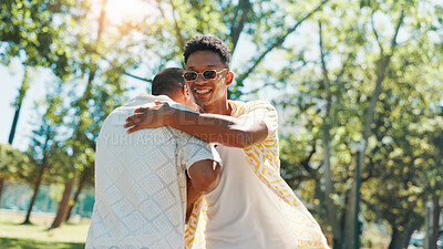 Buy stock photo Smile, men and friends hug at park for social gathering, university break and greeting. Happy, people and embrace with streetwear clothes of summer holiday, travel journey and bonding on reunion trip