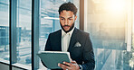 Tablet, research and businessman by window in office for company budget plan with dividend. Digital technology, email and male financial manager with investment proposal for profit or revenue.