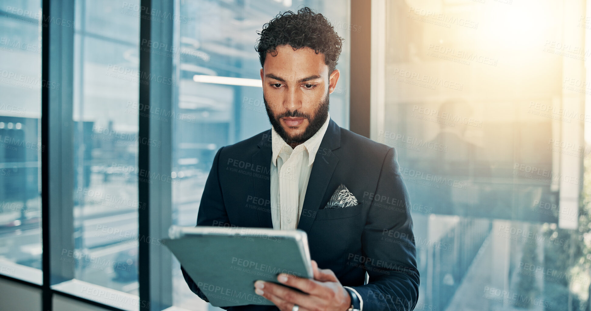 Buy stock photo Tablet, research and businessman by window in office for company budget plan with connectivity. Digital technology, email and male financial manager with investment proposal for profit or revenue.