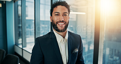 Buy stock photo Finance, portrait and smile of man in office for portfolio management as investment banker. Confident, friendly and trust with happy broker or stock market trader in professional workplace for wealth