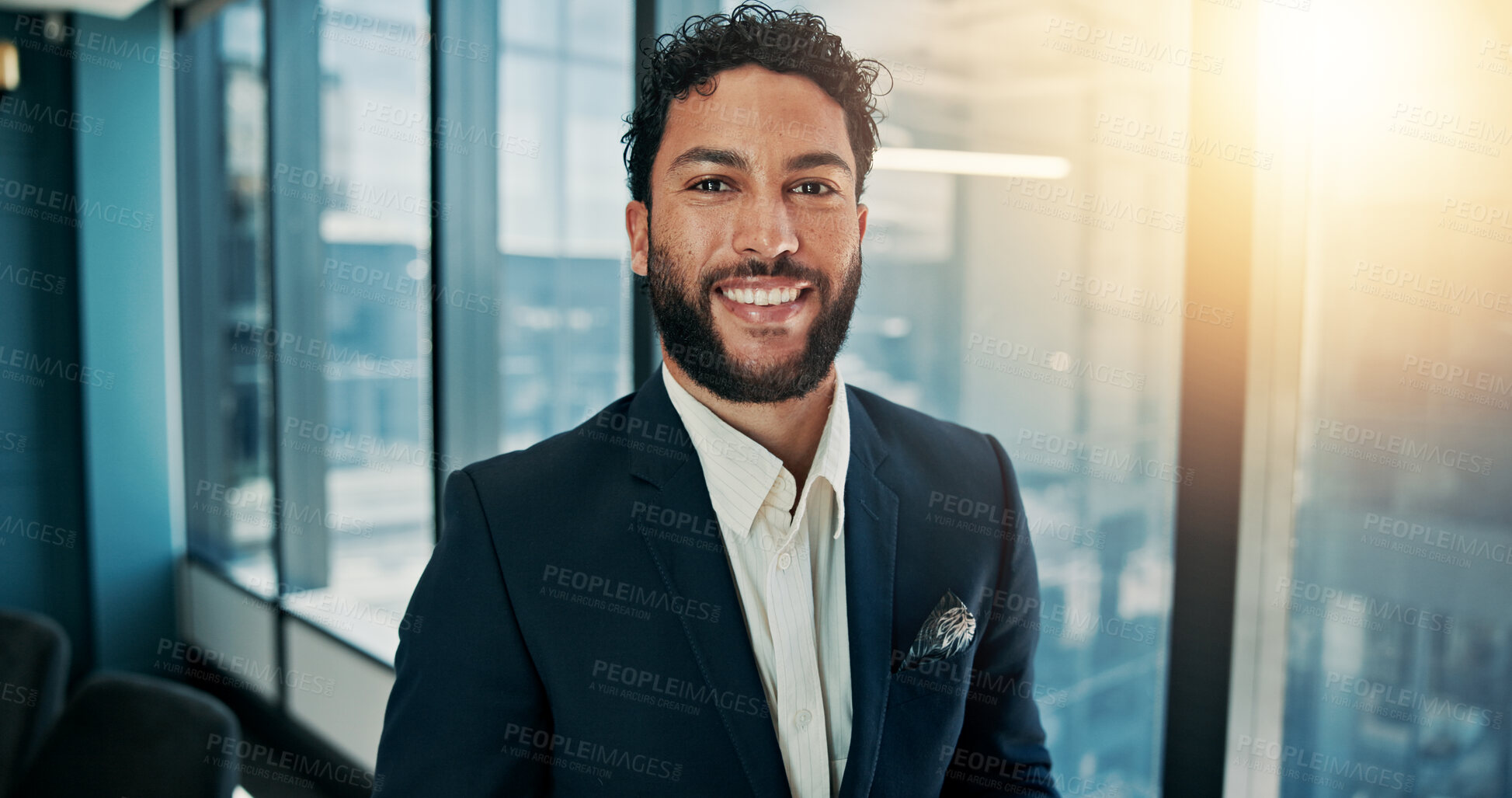 Buy stock photo Finance, portrait and smile of man in office for portfolio management as investment banker. Confident, friendly and trust with happy broker or stock market trader in professional workplace for wealth