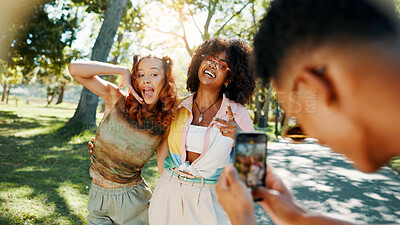 Buy stock photo Holiday, happy people and friends in park for picture together for fashion, bonding or reunion. Gen z, social media influencer or man with women in outdoor nature for photograph, vacation or hangout