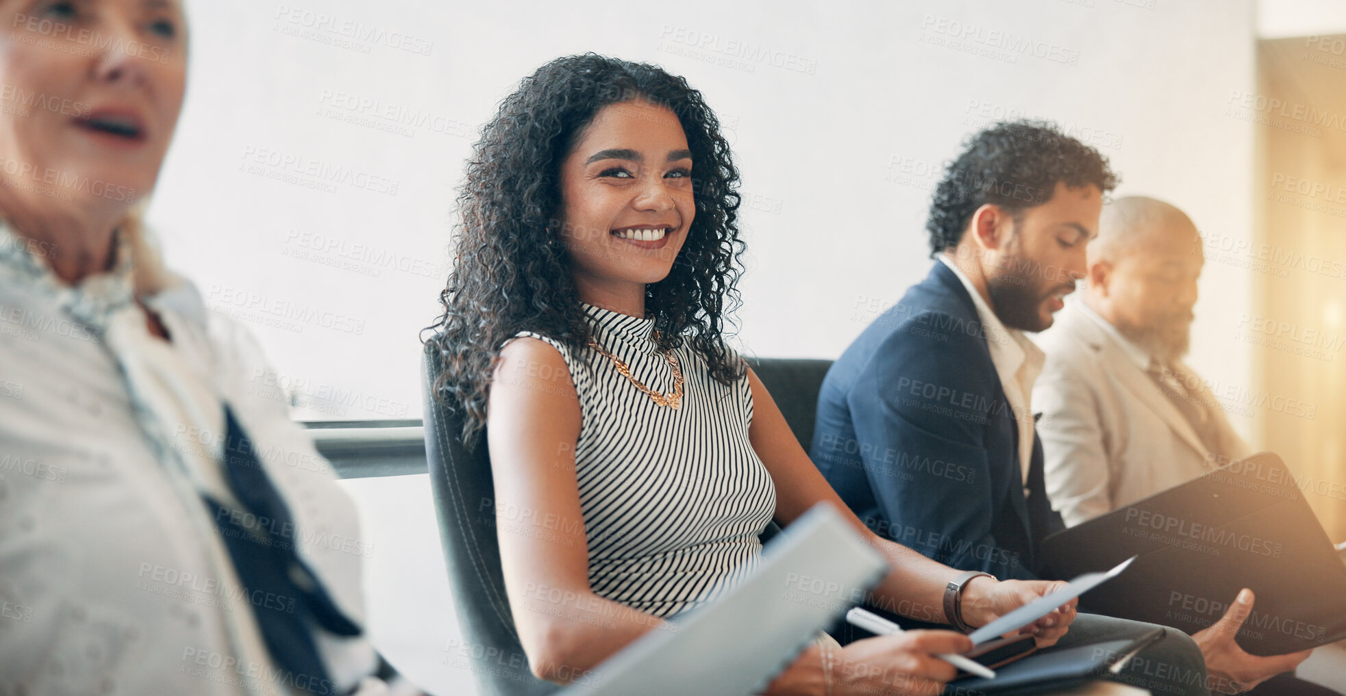 Buy stock photo Business, woman and audience in seminar, group and colleagues in workshop for training or meeting. Conference, information and coworkers with notes for presentation, portrait and people in boardroom