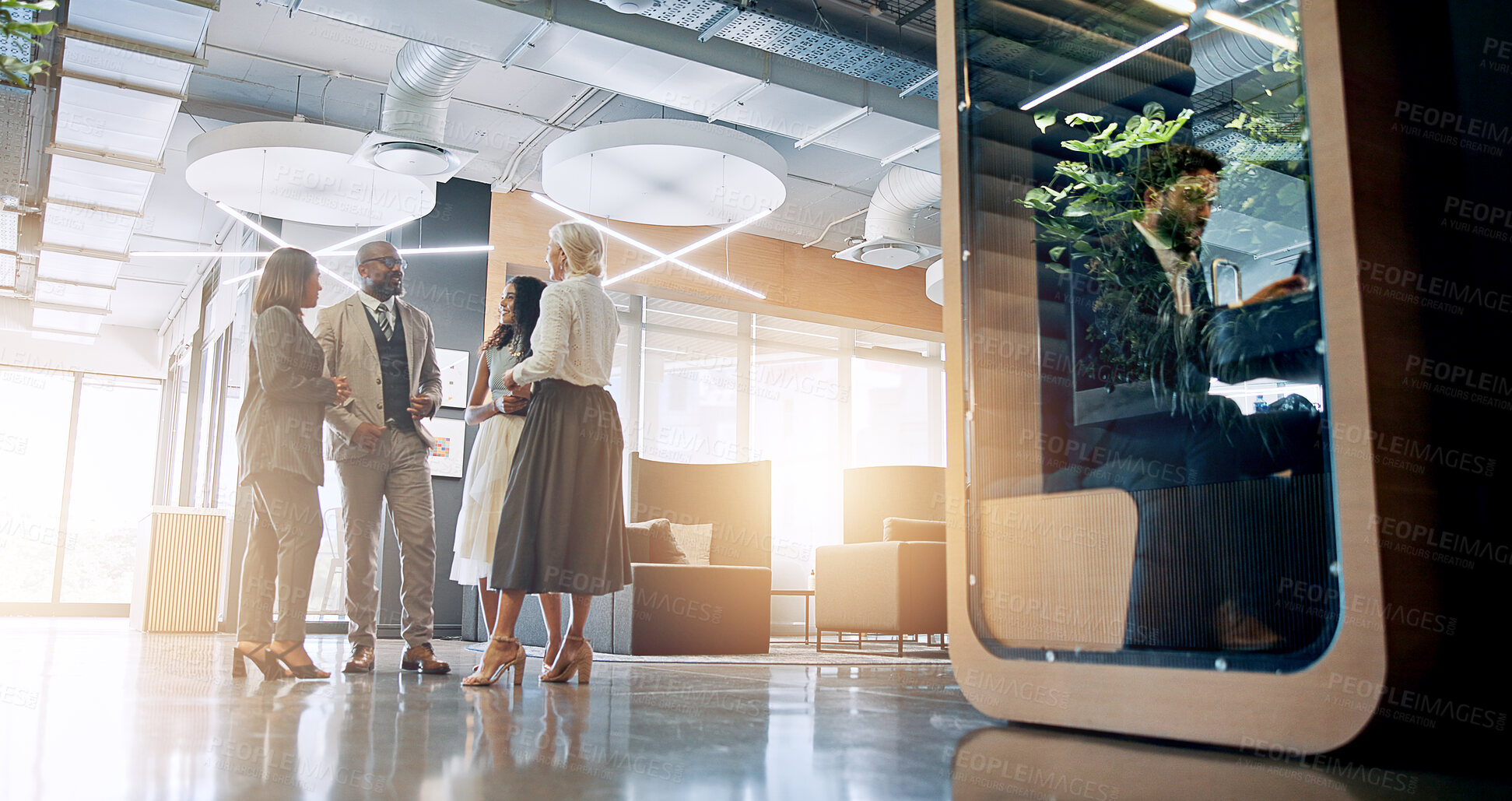 Buy stock photo Lobby, pod and business people in office talking for collaboration, teamwork or discussion. Professional, corporate and men meeting women with cubicle for private workspace for project or proposal