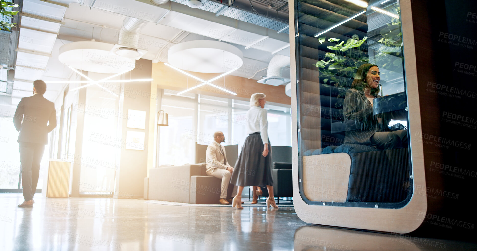 Buy stock photo Lobby, cubicle and business people in office in morning with meeting for collaboration, teamwork and discussion. Professional, corporate and privacy with woman in workspace pods for productivity