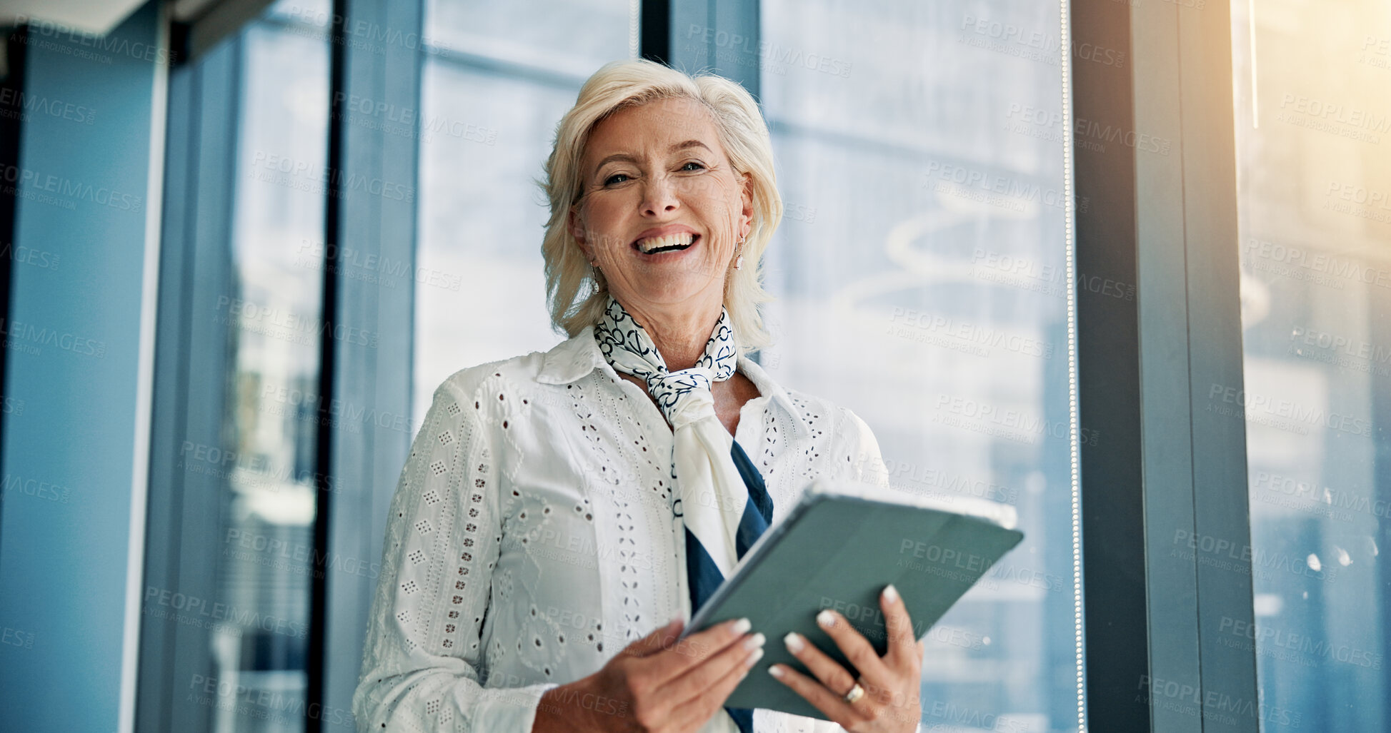 Buy stock photo Tablet, happy and portrait of mature businesswoman in office reading email for investment profit report. Communication, good news and financial investor with digital technology for revenue review.