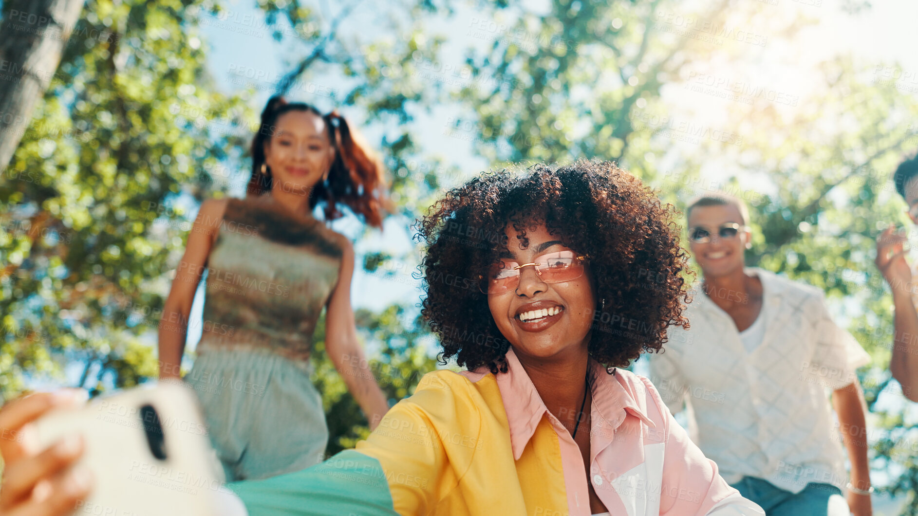 Buy stock photo Fashion, selfie and friends in park for photograph together for holiday, bonding or fun reunion. Happy people, social media influencer or men with women in nature for picture, vacation or cool style