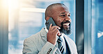 Business, mature black man and happy with phone call in office for corporate proposal and investment planning. Financial director, contact and speaking to investor for good news and funding feedback