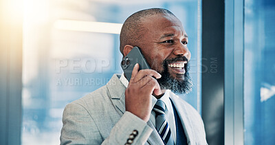 Buy stock photo Business, mature black man and happy with phone call in office for corporate proposal and investment planning. Financial director, contact and speaking to investor for good news and funding feedback