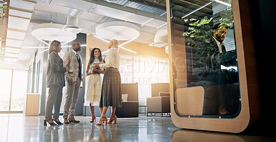 Buy stock photo Lobby, talking and business people in office for coworking space for collaboration, teamwork and discussion. Professional, corporate and men and women in meeting with cubicle for private workspace