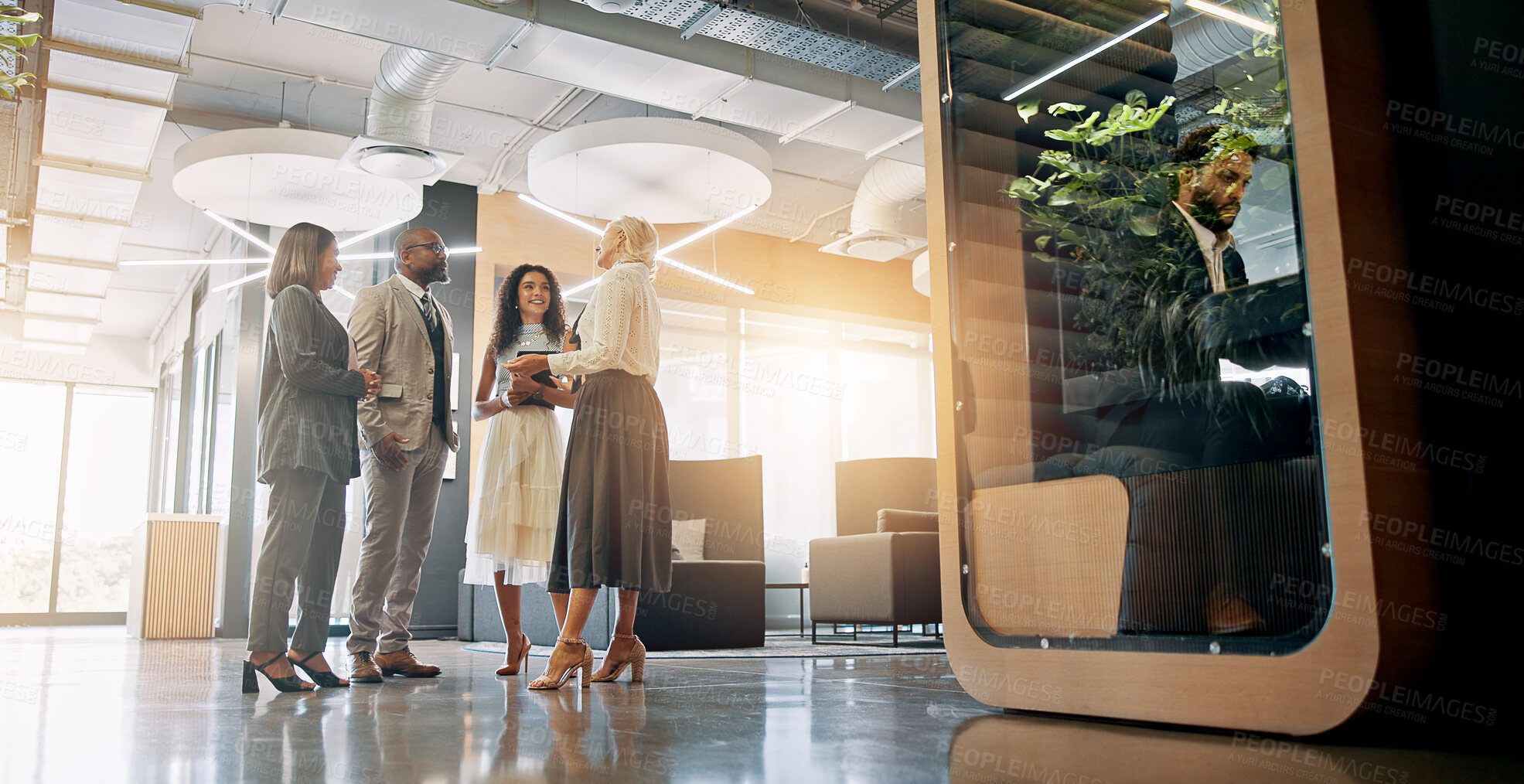 Buy stock photo Lobby, talking and business people in office for coworking space for collaboration, teamwork and discussion. Professional, corporate and men and women in meeting with cubicle for private workspace