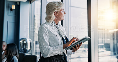 Buy stock photo Business, woman and thinking with tablet in office for ideas, planning and financial growth. Mature person, digital and reflection for investment feedback, schedule update and negotiation opportunity