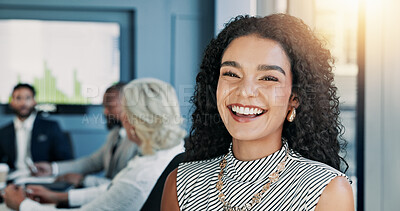 Buy stock photo Happy, meeting and portrait of businesswoman in office with confidence for company budget planning. Laughing, face and female financial manager with team for investment profit review in collaboration