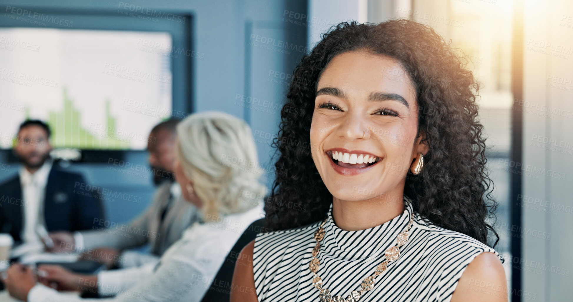 Buy stock photo Happy, meeting and portrait of businesswoman in office with confidence for company budget planning. Laughing, face and female financial manager with team for investment profit review in collaboration
