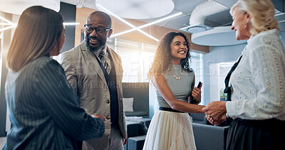 Buy stock photo Meeting, handshake and happy business people in office for partnership, agreement and thank you. Corporate, teamwork and men and women shaking hands for collaboration, success and b2b networking