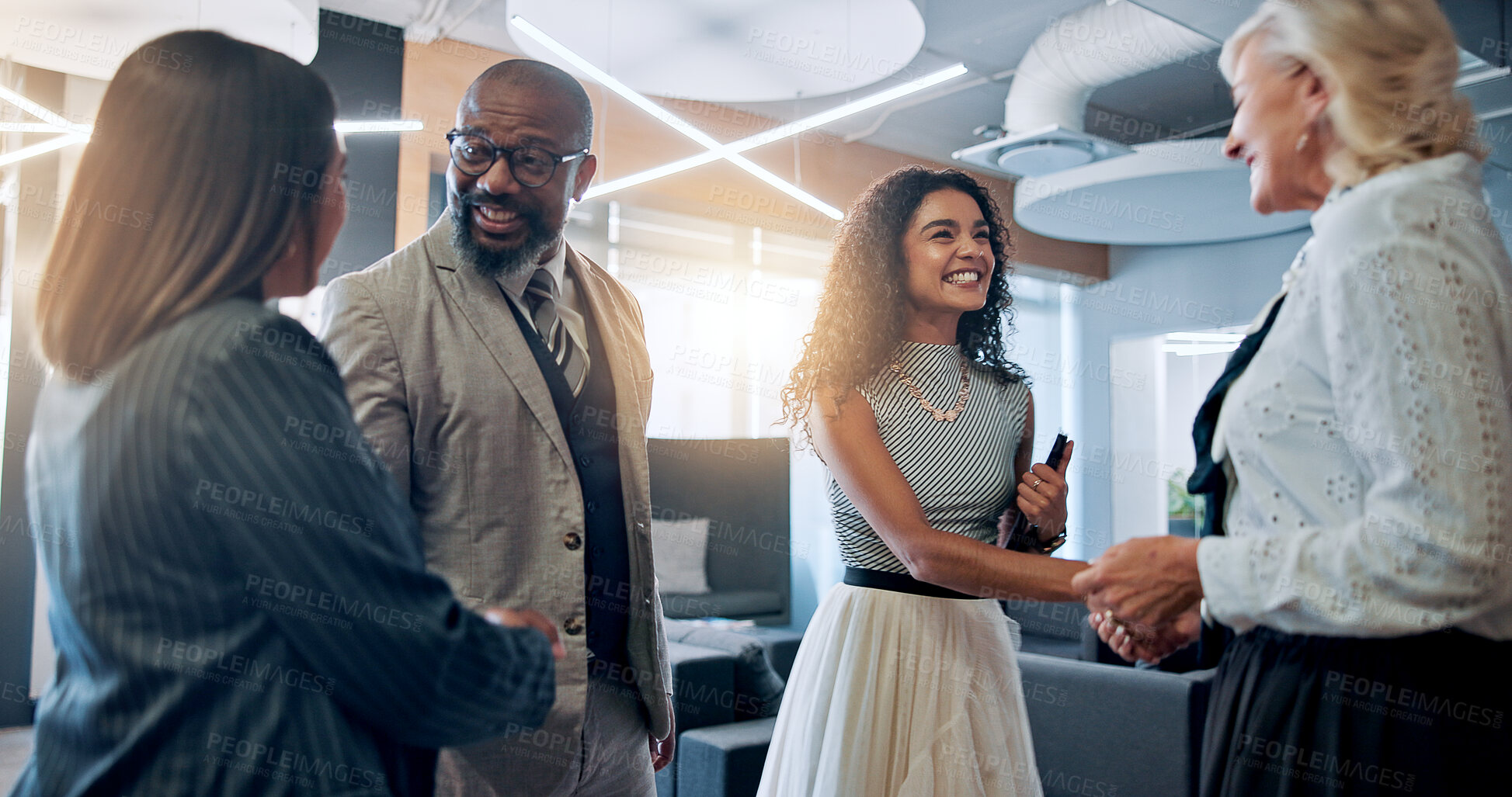Buy stock photo Meeting, handshake and happy business people in office for partnership, agreement and thank you. Corporate, teamwork and men and women shaking hands for collaboration, success and b2b networking